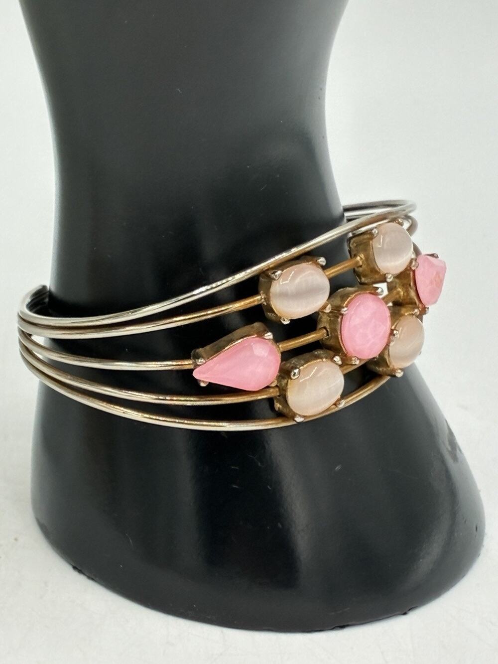 Vintage Pink Cat’s Eye Cabochon Memory Wire Multi Coil Cuff Bracelet Unsigned